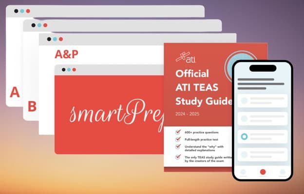 A smartphone, book, and computer tabs ahowing a Guide to TEAS Test Preparation: Strategies, Tips, and Resources