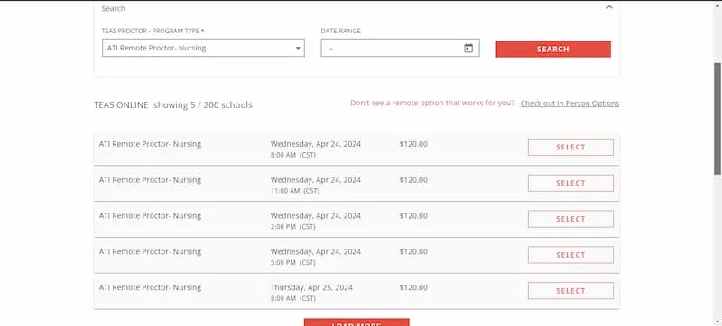 A screenshot from ATI website online proctering page where you choose the program type (Nursing or Allied Health) during TEAS test registration process