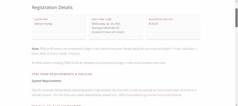 A screenshot from the ATI website after selecting the date and time for your TEAS exam during the TEAS test registration process