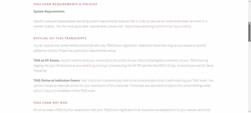 A screenshot showing ATI Teas exam requirements for registration and application