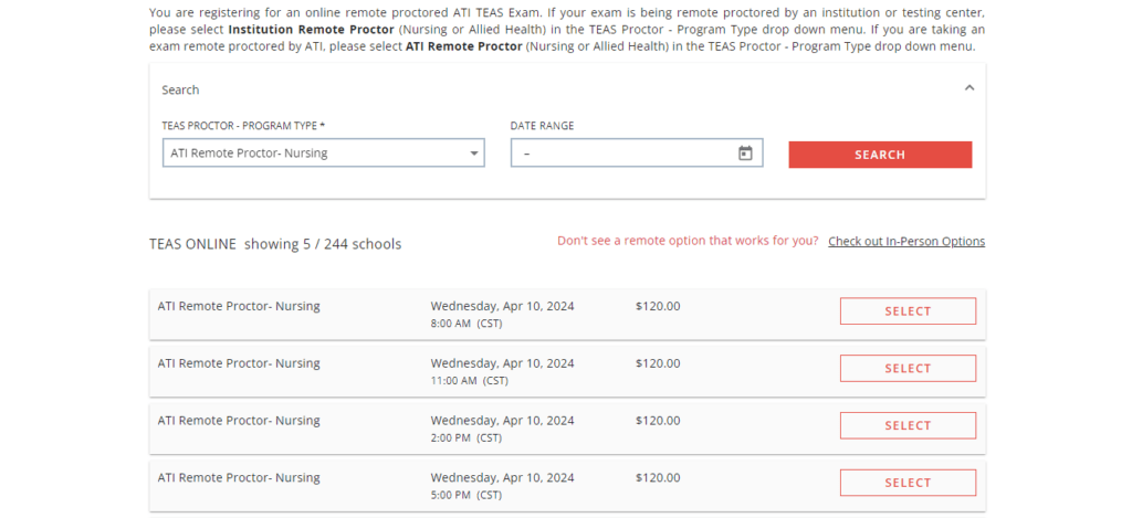 A screenshot showing the TEAS test registration page