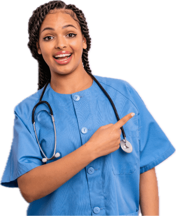 A smiling female nurse in uniform, pointing to the side with a welcoming gesture, symbolizing joy and happiness after completing her TEAS 7 exams.