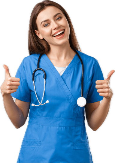 Confident female nurse in blue scrubs giving thumbs up, symbolizing student success and satisfaction with nursing exam preparation courses