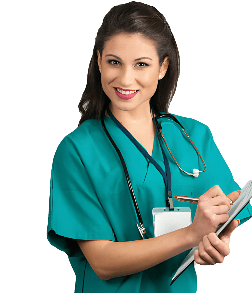 A smiling female nurse in uniform, holding a notepad and pen while wearing a stethoscope around her neck, representing readiness and preparation for TEAS 7 practice exams