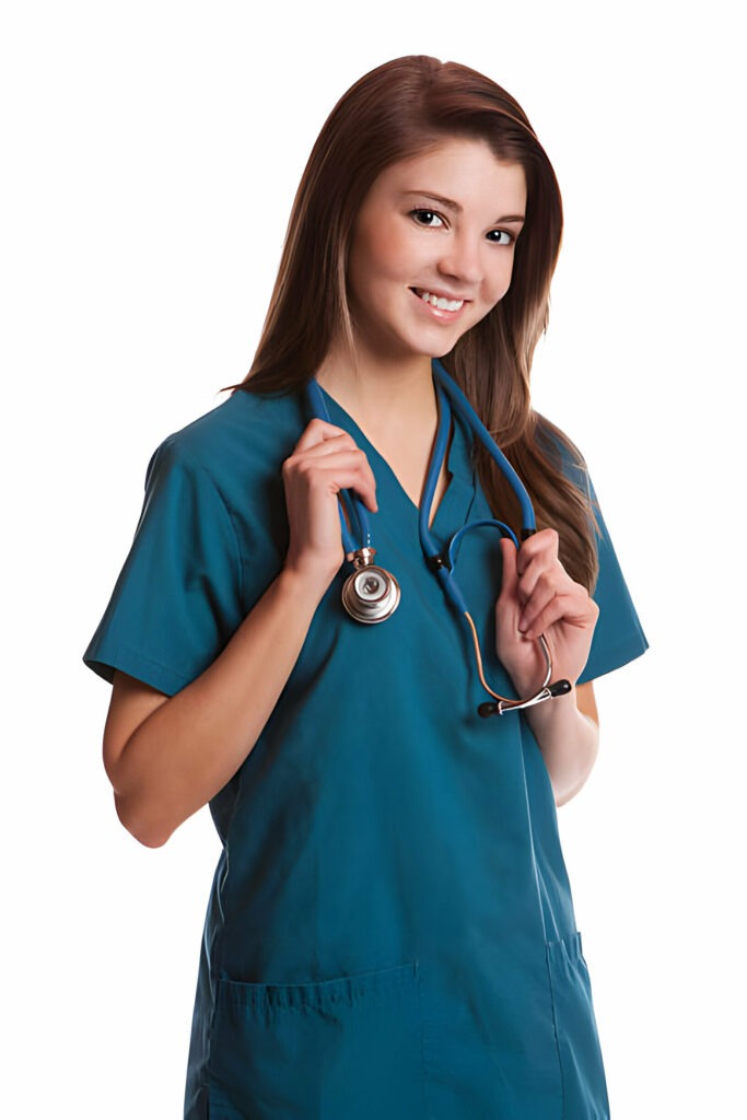 A cheerful female nurse in uniform, holding a stethoscope with a warm smile, embodying professionalism and care in healthcare having successfully enrolled in a nursing school.