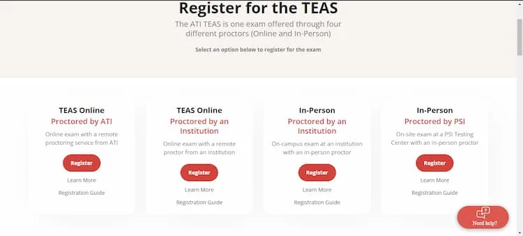 A screenshot from ATI website for the TEAS test registration