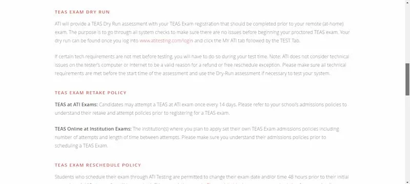 A screenshot from the ATI Teas website showing the Teas test retake policy and reschedule policy 