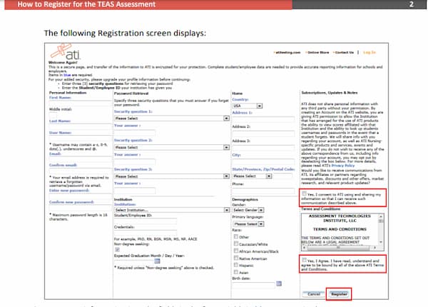A screenshot showing the TEAS test registration page