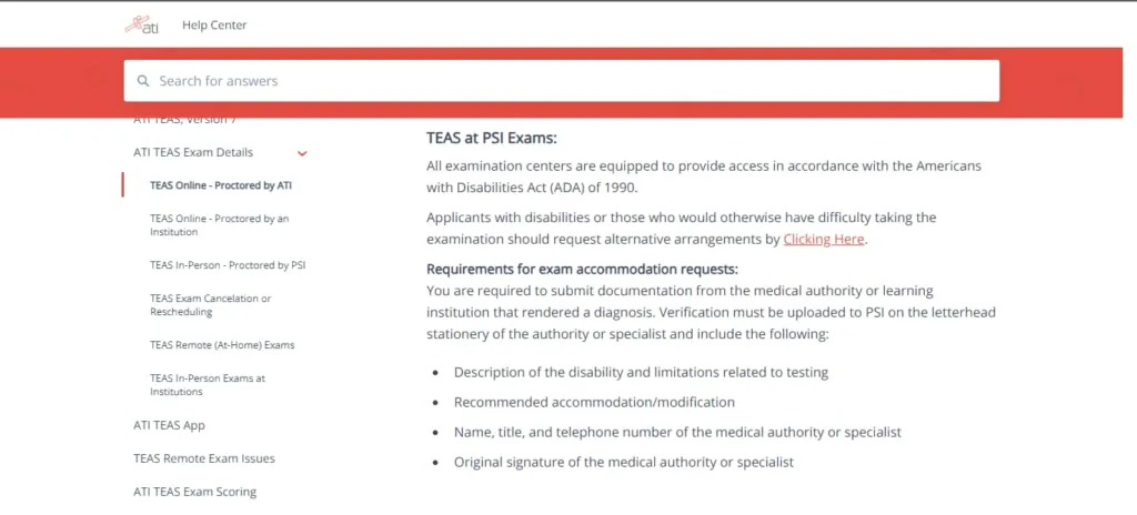A screenshot of the TEAS Test Accommodations' Page
