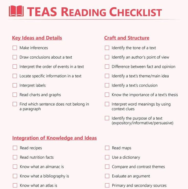 A photo with TEAS Reading checklist to follow and help pass the TEAS Reading Section